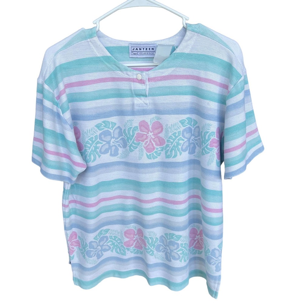 Vintage Jantzen Top‎ Womens Medium Pink Green Striped Floral Henley